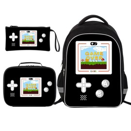 Gamer Boys Backpack with Lunch Box and Pencil Case Game Console Design Backpack Set,Student Bag,17″ Video Game Travel Backpack-Retro Black 3