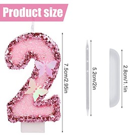 Velas de números de cumpleaños de 2.95 pulgadas, velas de números rosa con purpurina para decoración de pastel, velas de cumpleaños de mariposa con le