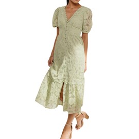 utcoco Lace Dress for Women 2025 V-Neck Lantern Sleeve Hollow Out Button Down Slim High Wasit Midi Dress (Small, Green)
