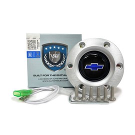 VSW S6 Brushed Horn Button Compatible with 6 Bolt Steering Wheel, Chevy Bow Tie, Blue Emblem, STE1015BRU