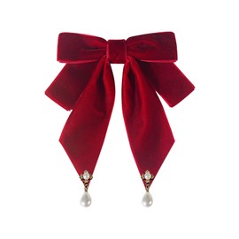 CHENGZI Velvet pearl decorative bow tie French retro bow, artistic Lolita brooch bow tie (Red)