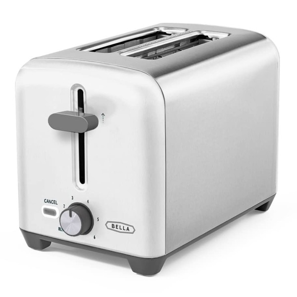 BELLA 2 Slice Toaster, Quick & Even Results Every Time, Wide Slots Fit Any Size Bread Like Bagels or Texas Toast, Drop-Down Crumb Tray for Easy Clean Up, Stainless Steel and White