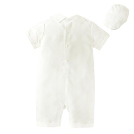 Dressy Daisy Baby Boy Baptism Outfit, Short Sleeve Christening Jumpsuit Romper, Beret Hat for Dedication Blessing, Size 1, White