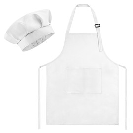 Morcheiong Kids Chef Hat and Apron Set, Adjustable White Children's Painting Apron and Chef Hat with 2 Large Pocket for Kids Cooking Painting Baking Activity