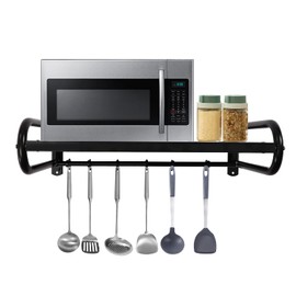 JAYGOVAN 21" Hanging Pot Rack, Pot and Pan Organizer Wall Mounted Pots Holder Kitchen Storage Shelf with 6 Hooks, Kitchen Wall Storage Organizer for Pans Set,Utensils,Cookware,Books, Househ