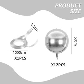 Pack of 12 Silver Balloons and 1 Roll of Ribbon, Aluminium Foil Balloons, Fashionable and Simple Balloons, Party Decoration Accessories