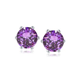 RANDES 925 Sterling Silver February Birthstone Earrings for Women Purple Amethyst Stud Earrings Dainty Round Solitaire Earrings
