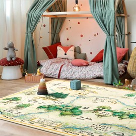 Estmy Washable Vintage Woodland Rug, 3x5 Cute Fun Nursery Rugs for Girls Boys Neutral, Thin Pile Faux Wool Soft Stain Resistant Hundred Acre Wood Map Rug, Cartoon Retro Kids Play Rug Infant Playmat