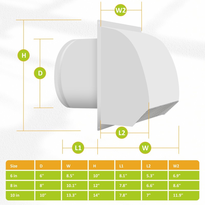 8 Inch Hooded Wall Vent with Screen& Damper,Arc-Shaped Wall Exhaust