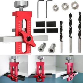 2-in-1 Cabinet Door Handle Mounting Jig Positioning Tool for Installing Cabinets, Adjustable Aluminium Alloy Hinge Installation Positioner, 3 Drill Bits, Heavy Duty Versatile Hardware Tools, Red