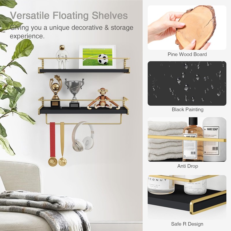 Forbena Black and Gold Floating Shelves for Wall, Bathroom Wall