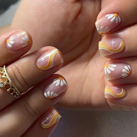 Maigitur Press on Nails Short Fake Nails Flower False Nails Yellow Strip Square Glue on Nails White Daisy Glossy Acrylic Nails Spring False Nails Pink Stick on nails for Women Girls Manicure 24pcs…