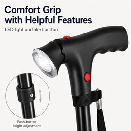Folding Walking Cane with LED Light & Audible Alert Button, Adjustable Height, Multi-Point Non-Slip Base, Side Handle and Wrist Strap – Lightweight Collapsible Walking Stick for Adults, Black