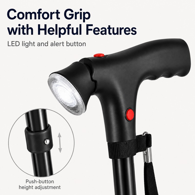 Folding Walking Cane with LED Light & Audible Alert Button,