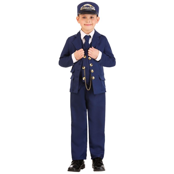 Kids North Pole Train Conductor Costume Boys, Suited Railway Operator Costume, Navy Blue Train Engineer Outfit X-Small