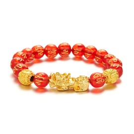 Feng Shui Obsidian Pixiu Buddha Beads Elastic Bracelet Good Luck Obsidian Wealth Protection Bracelet Can Bring Luck and Prosperity Buddha Beads Elastic Bracelet for Women Men Gifts Jewelry-Red