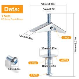 Lyeteung 7 Sets M5 Tilt Anchors Tipping Screw Toggle Screw and Wing Nut Assortment with Hex Nuts Washers for Plasterboard Cavity Walls Fiberboard