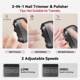 Electric Nail Clipper 3-in-1 Automatic Nail Polisher Fingernail Trimmer with LED Light, Clip Storage, 2-Speed, Rechargeable Smart Nails Cutter Easy to Use for Seniors, Baby, Adult, Kids, Black