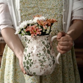 Ceramic Pitcher Vase, Green and Beige Vintage Vase with Handle, Farmhouse Pitcher for Home Decor, Table Centerpiece, Weddings, Kitchen, Living Room