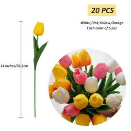 20pcs Real Touch Tulips PU Artificial Flowers, Fake Tulips Flowers for Arrangement Wedding Party Easter Spring Home Dining Room Office Decoration. (Multicolor, 14" Tall)
