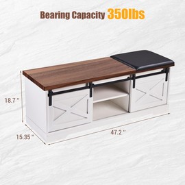 47'' Farmhouse Shoe Storage Bench with Padded Seat Cushion, End of Bed Entryway Bench with 2 Barn Doors, Adjustable Shelf for Entryway, Living Room, Bedroom White