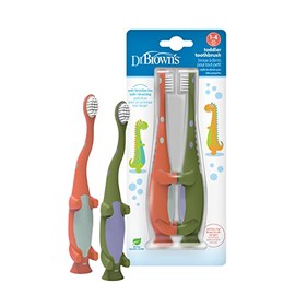 Dr. Brown's - cepillo para polvo de dientes para bebés y niños pequeños, dinosaurio verde y naranja, paquete de 2, 1-4 años