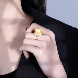 Kokoma Elegant Pearl Statement Ring for Women Gold Plated Crystal Flower Promise Engagment Ring Wedding Band Adjustable Eternity Rings Delicate Jewelry