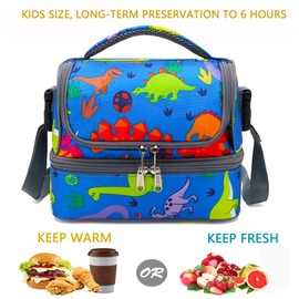 FlowFly Double Decker Cooler Insulated Lunch Bag Large Tote for Boys, Girls, Men, Women, with Adjustable Strap,Dinosaur