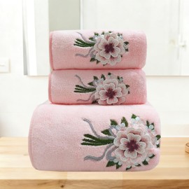 USTIDE 3 Pieces Pink Rose Flora Bath Towel Set, Ultra Soft Coral Fleece Towels Flower Embroidery Bathroom Towels(1 Bath Towel,2 Hand Towels)