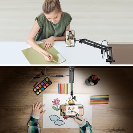 LJINGE Overhead Phone Mount with USB LED Light, Adjustable Articulating Arm & 360° Rotatable Phone Holder, Flexible Stand for Live Streaming, Video Recording, Drawing, Cooking