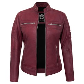 UrbanFocal Maroon Leather Jackets For Women - Real Lambskin Womens Motorcycle Jacket | [101005204] Cafe Racer Maroon, L