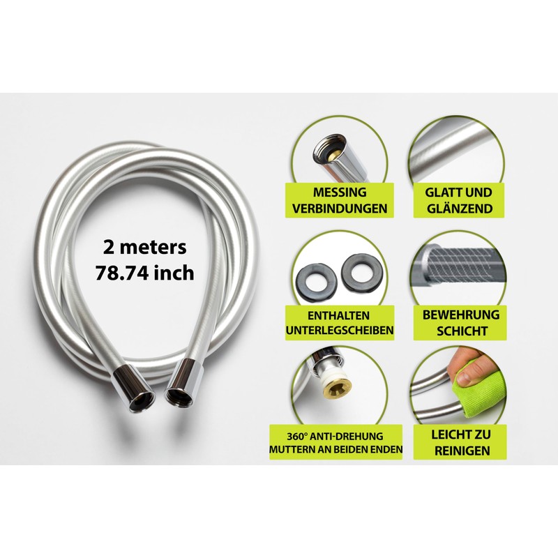 Yossee Duschschlauch 2 Meter PVC Glatter Brauseschlauch mit verdrehsicheren Messinganschlüssen,