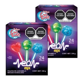 Paleta Neón Mix (Surtido) - Dulces Cool Toons Paleta de Caramelo Macizo con palillo neón luminoso que brilla en la oscuridad, sabores Mora Azul, Cereza y Manzana Verde, Limón Sandía, Mango, y Fresa Paquete 2 cajas forma de puerquitos, corazón y bola (24 