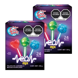 Paleta Neón Mix (Surtido) - Dulces Cool Toons Paleta de Caramelo Macizo con palillo neón luminoso que brilla en la oscuridad, sabores Mora Azul, Cereza y Manzana Verde, Limón Sandía, Mango, y Fresa Paquete 2 cajas forma de puerquitos, corazón y bola (24 