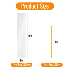 igoelove Clear Cellophane Treat Bag(200Pcs,2x10 inch), OPP Plastic Treat Bags with 200 Twist Ties Perfect for Gift Wrapping,Candies,Dessert,Bakery,Party Favor.