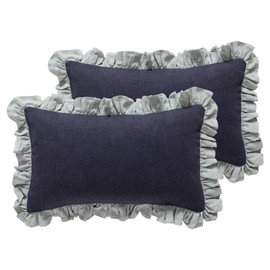 patdrea Blue Decorative Throw Pillow Covers 12x20 Set of 2, Farmhouse Linen Pillow Covers with Ruffles, Square Sturdy Throw Pillow Case for Couch Sofa Bed Living Room