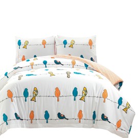Lush Decor Rowley Birds Reversible Cotton Duvet Cover Set, 3 Piece Set, Full/ Queen, Multi - Colorful Bird Bedding Set - Whimsical & Playful Floral Bird Duvet - Boho & Farmhouse Home Decor