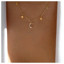 Allereya Vintage Crystal Crescent Moon Necklace Rhinestone Moon Pendant Necklace Gold Star Dangle Necklace Gold Cz Crescent Necklace Jewelry for Women and Girls