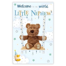 New Baby Nephew Congratulations Card - Barley Bear Teddy and Stars Design - Special Finishes and Illustrated Insert Leaf - Made in the UK - Eco-Friendly