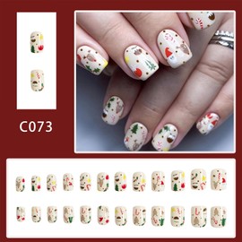 Winter Xmas Press on Nails Short Square Glue on Nails Cute Santa Claus Christmas Tree False Nails Glossy Elk Acrylic Nails for Women Girls