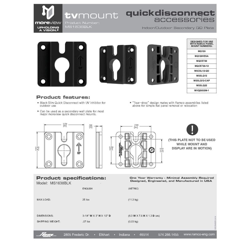 MS1638BLK Outdoor Quick Disconnect Wall Plate TV Mounts, Easy On/Off