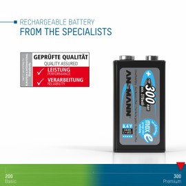 ANSMANN 9V Rechargeable Batteries 300mAh pre-Charged Low Self-Discharge NiMH 9 Volt Battery 9V Battery (2-Pack)