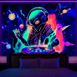 OSVINO Blacklight Alien Tapestry 230x180CM UV Reactive Alien DJing Wall Tapestry UFO Psychedelic Planet Posters Wall Hanging for Bedroom Living Room Dorm