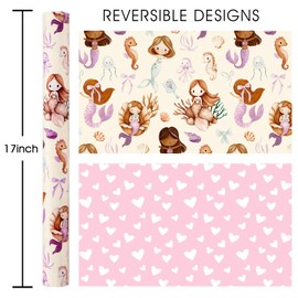 Homeral Mermaid Wrapping Paper Roll - Mini Roll - 17 Inch x 16.5 Feet - Ocean Themed Reversible Gift Wrap with Jellyfish, Bow, Seahorses, Shell & Pink Heart for Girls Birthday, Baby Shower