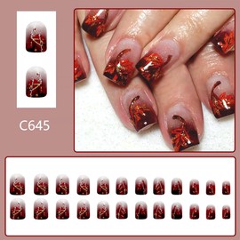 24Pcs Fall Press on Nails Short Square French Tips Fake Nails Red Maple Leaf with Glitter Full Cover Acrylic Tips Glue on Nails Reusable Thanksgiving Nails Designs Autumn False Nails for Women