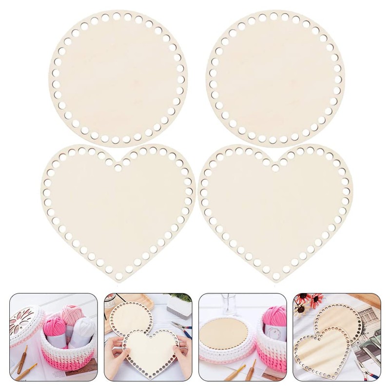 SEWACC 4Pcs Wooden Basket Bottom Round Heart Shape Crochet Basket