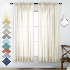 Neutral Linen Look Sheer Curtains 63 Inches Long Pair Set Light Filtering Semi Sheer Window Drapes for Bedroom Living Room Home Office Closet Backdrop Farmhouse Rustic Style Beach 52x63 Long Beige