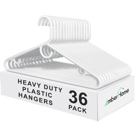 Amber Home 36 Pack Super Heavy Duty Plastic Hangers, White Plastic Hangers Non-Slip for Coat Jacket and Shirt, Non-Slip Pants Bar, Thick Strong Plastic Clothes Hangers with Hook for Scarves and Belts