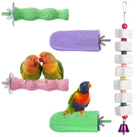 5 Pcs Bird Beak Grinding Stone and Bird Chewing Toy,Parrot Beak Grinding Calcium Stone with Bells,Cage Toys for Budgies,Parakeets,Cockatiels