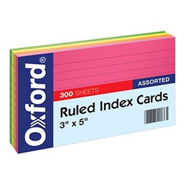 Oxford Neon Index Cards, 3" x 5", Ruled, Assorted Colors, 300 Per Pack (81300EE)